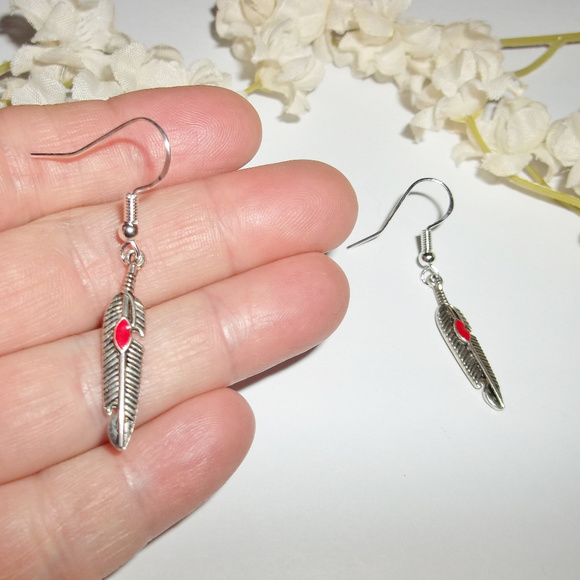 Silver & Red Earrings Southwestern Feather 4308 - Picture 5 of 6